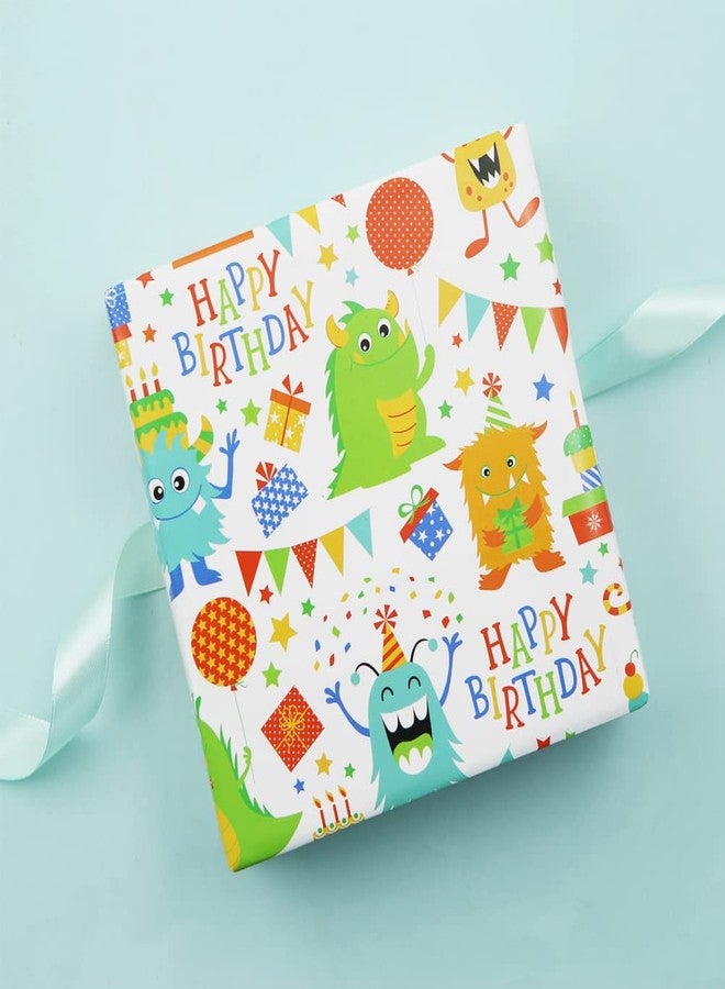 Boerni Happy Birthday Little Monsters Wrapping Paper Set of 4 Sheets Folded Flat 20x28 inches Per Sheet For Boys Kids Girls Men Women, Colorful Gift Wrap Paper For all Birthday Party Baby Shower Kindergarten Celebrating Occasions - Image 5